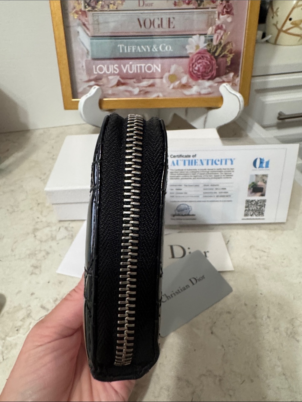 Dior Black Patent Quilted Zip-Around Wallet with Charm Full inclusion COA - Picture 5 of 8